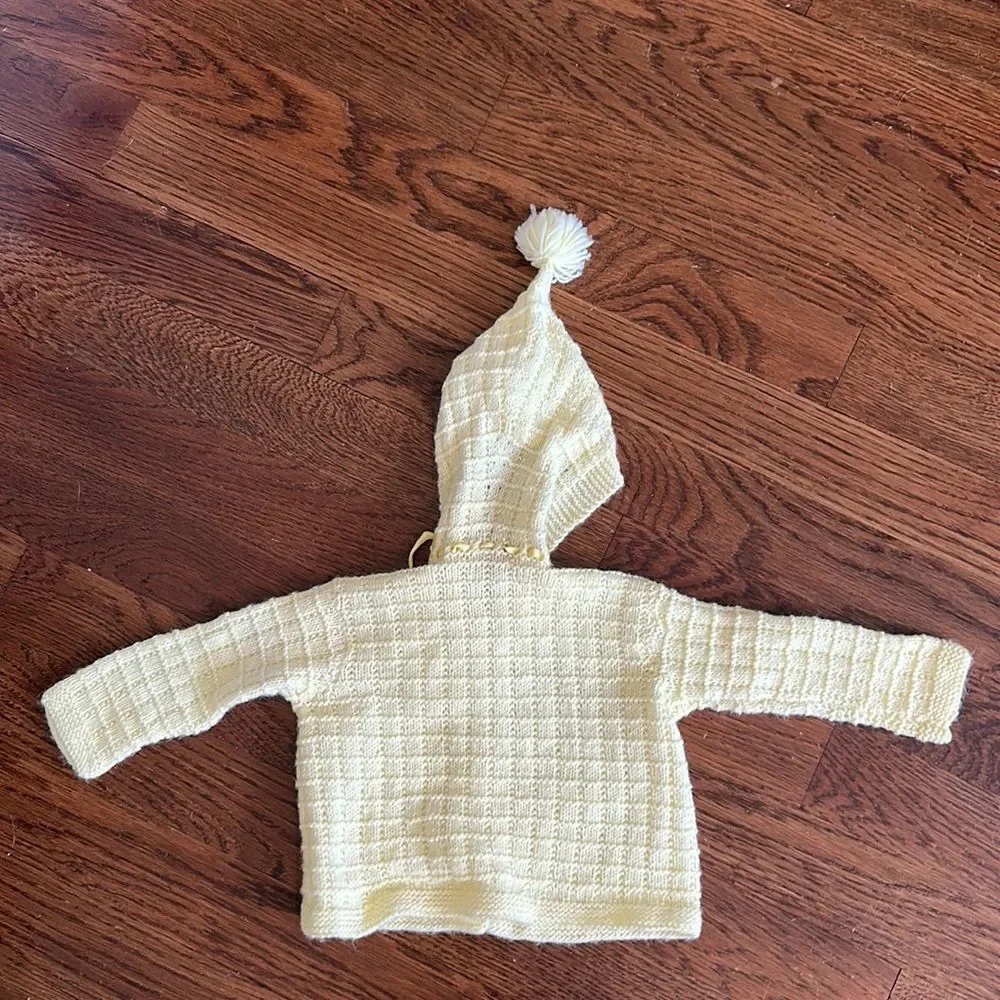 Vintage‎ yellow pom pom hooded cardigan unisex baby sweater
